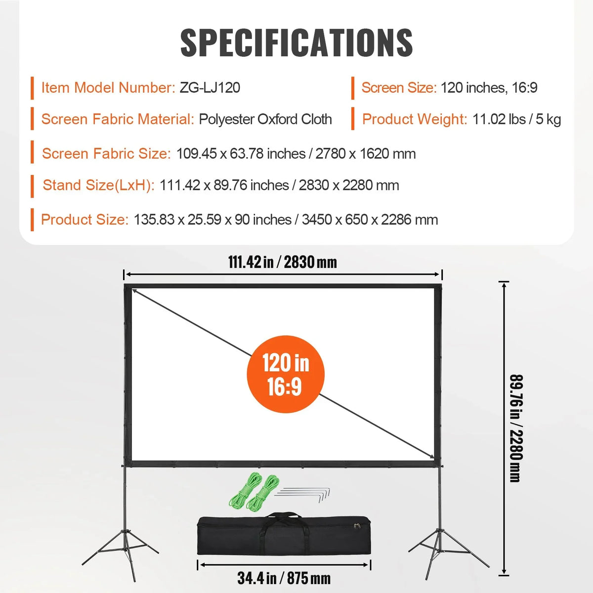 VEVOR Projector Screen with Stand, 120 inch 16:9 4K 1080 HD Outdoor Movie Screen with Stand, Wrinkle-Free Projection Screen with Tripods and Carry Bag, for Home Theater Cinema Backyard Movie Night - View 3