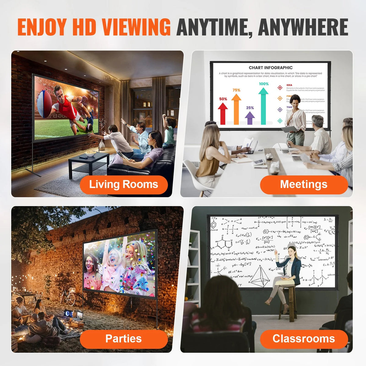VEVOR Projector Screen with Stand, 120 inch 16:9 4K 1080 HD Outdoor Movie Screen with Stand, Wrinkle-Free Projection Screen with Bar Feet and Carry Bag, for Home Theater Cinema Backyard Movie Night - View 5