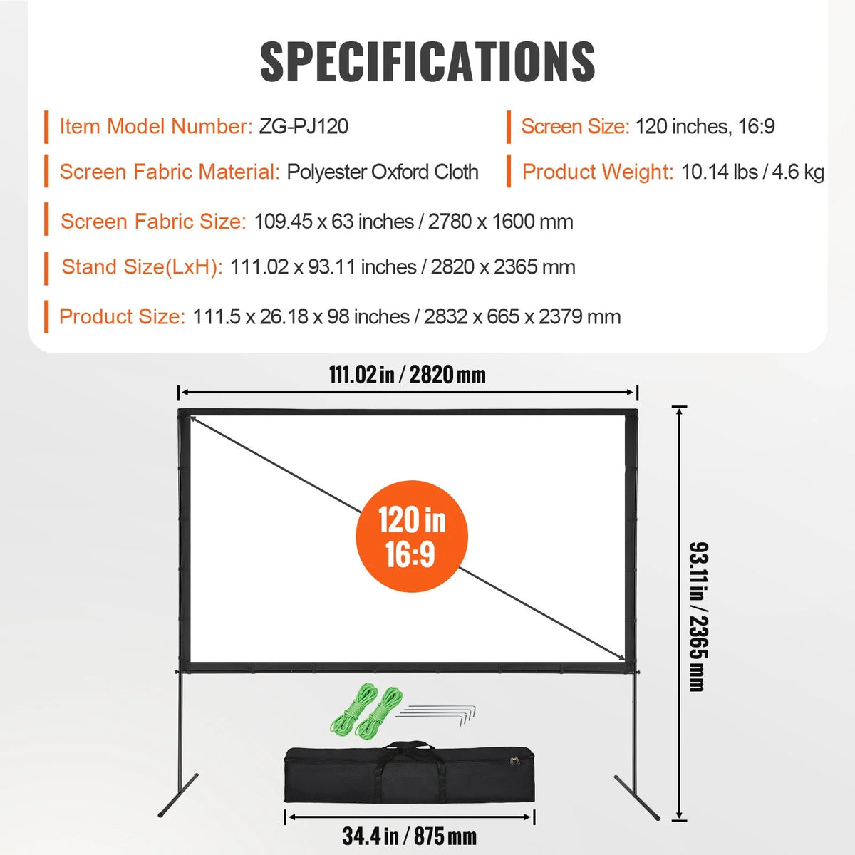 VEVOR Projector Screen with Stand, 120 inch 16:9 4K 1080 HD Outdoor Movie Screen with Stand, Wrinkle-Free Projection Screen with Bar Feet and Carry Bag, for Home Theater Cinema Backyard Movie Night - View 6