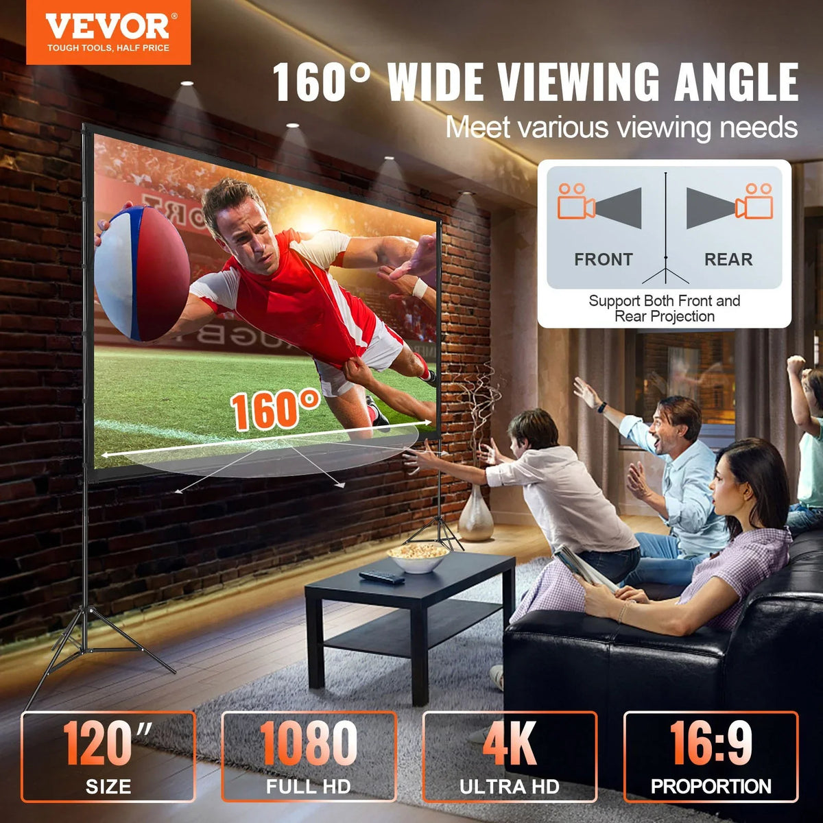 VEVOR Projector Screen with Stand, 120 inch 16:9 4K 1080 HD Outdoor Movie Screen with Stand, Wrinkle-Free Projection Screen with Tripods and Carry Bag, for Home Theater Cinema Backyard Movie Night - View 7