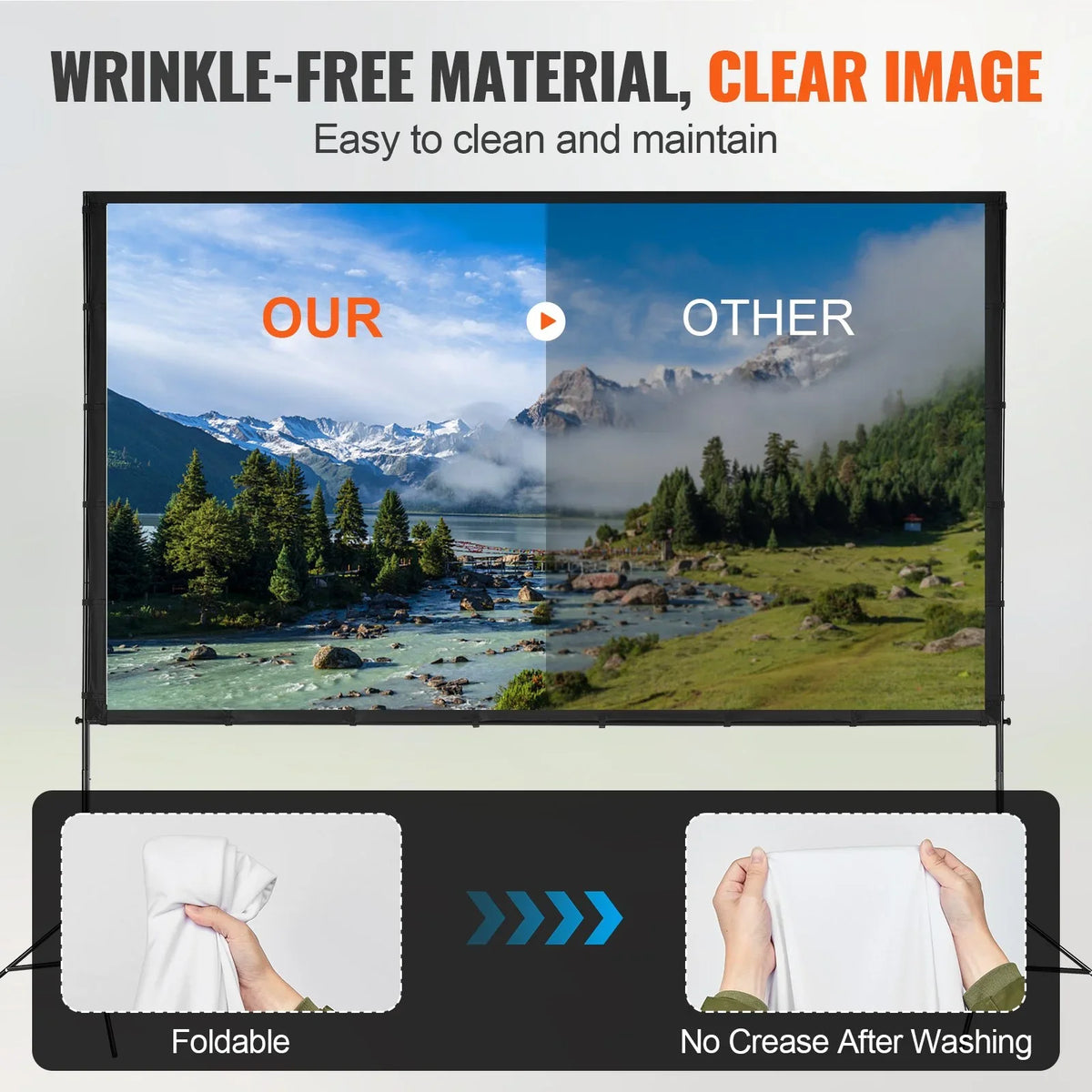 VEVOR Projector Screen with Stand, 120 inch 16:9 4K 1080 HD Outdoor Movie Screen with Stand, Wrinkle-Free Projection Screen with Tripods and Carry Bag, for Home Theater Cinema Backyard Movie Night - View 8