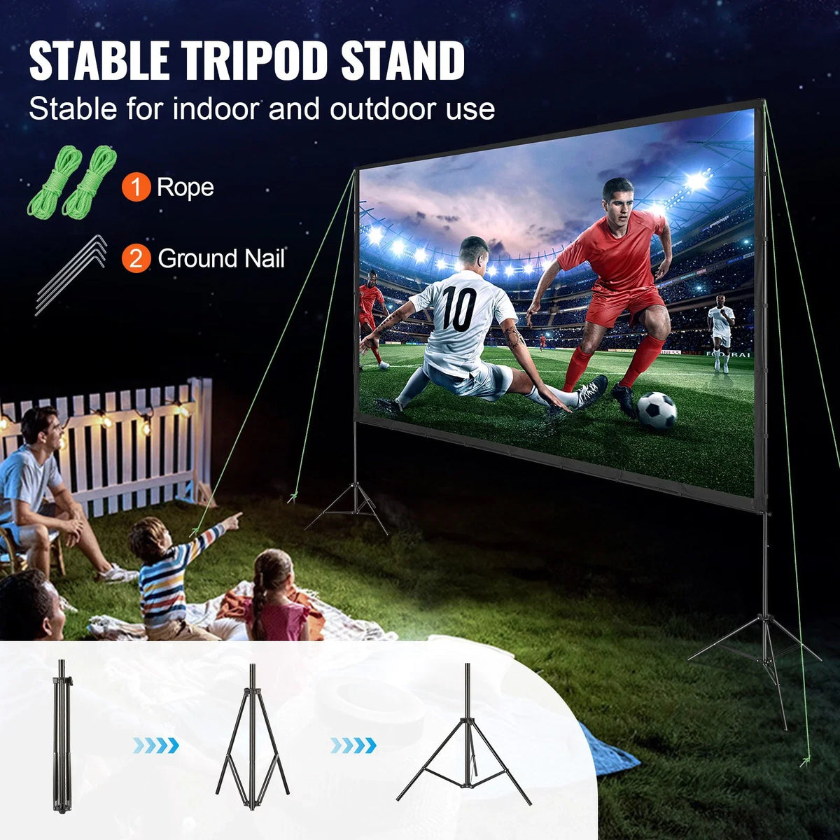 VEVOR Projector Screen with Stand, 150 inch 16:9 4K 1080 HD Outdoor Movie Screen with Stand, Wrinkle-Free Projection Screen with Tripods and Carry Bag, for Home Theater Cinema Backyard Movie Night - View 2