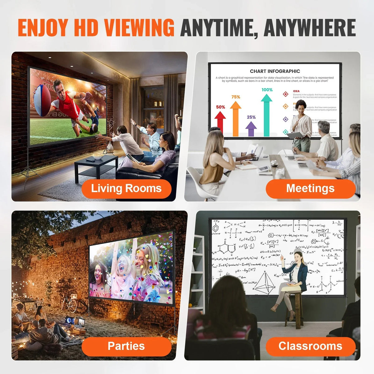 VEVOR Projector Screen with Stand, 150 inch 16:9 4K 1080 HD Outdoor Movie Screen with Stand, Wrinkle-Free Projection Screen with Tripods and Carry Bag, for Home Theater Cinema Backyard Movie Night - View 4