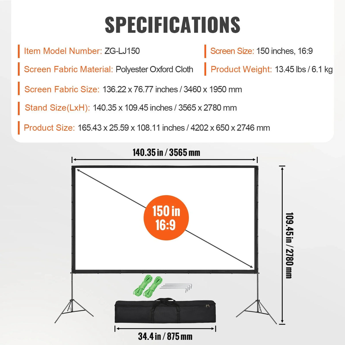 VEVOR Projector Screen with Stand, 150 inch 16:9 4K 1080 HD Outdoor Movie Screen with Stand, Wrinkle-Free Projection Screen with Tripods and Carry Bag, for Home Theater Cinema Backyard Movie Night - View 5