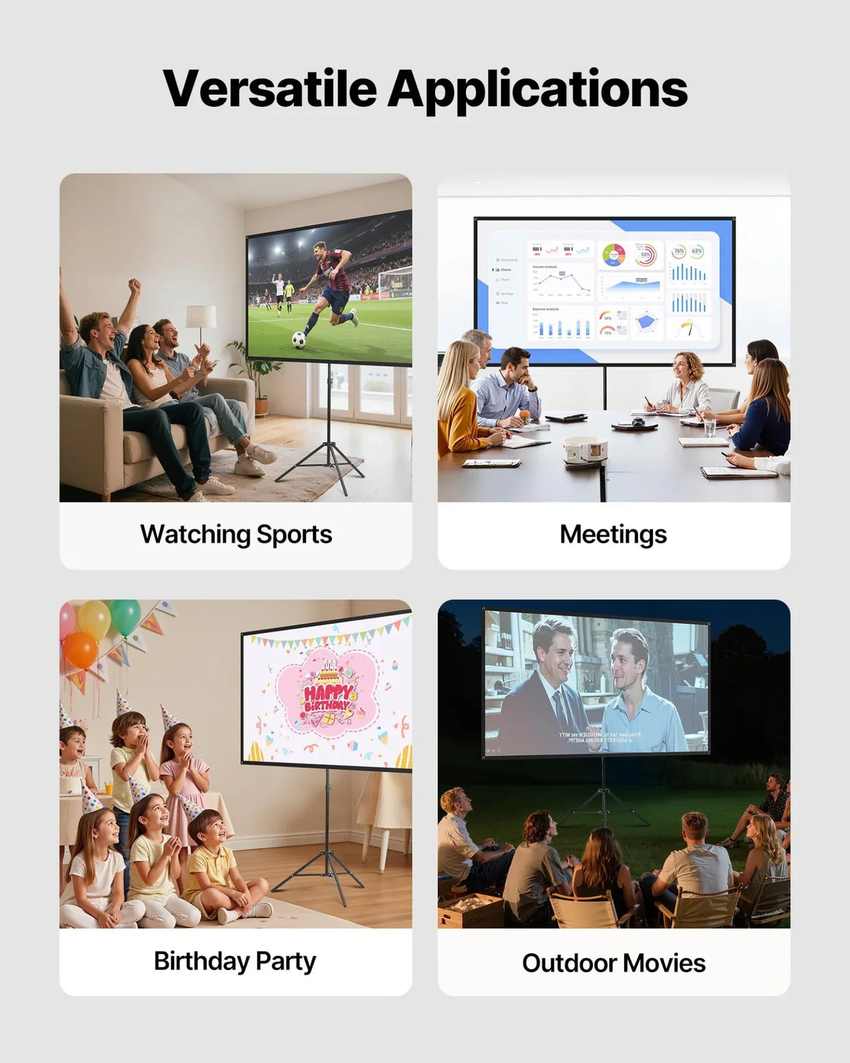 VEVOR Projector Screen with Stand, 80 Inch 160° Wide Angle Indoor Outdoor Projection Screen, 16:9 4K HD Wrinkleless Portable Tripod Screens with Carry Bag, for Movie Home Theater Office Presentation - View 4