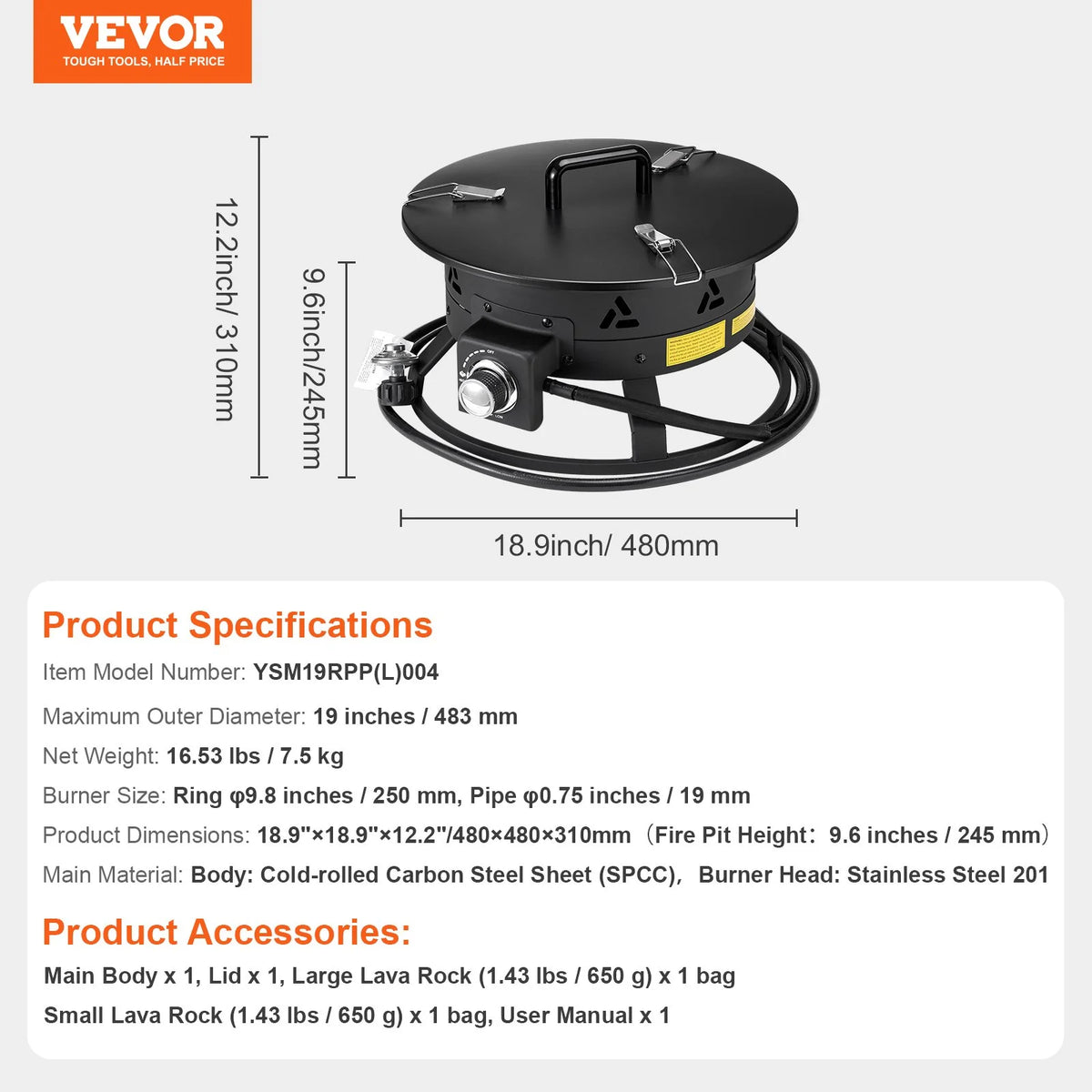 VEVOR Propane Fire Pit 19” Outdoor Portable Gas Fire Pit for Heating 58000 BTU - View 8