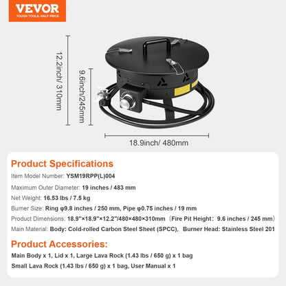 VEVOR Propane Fire Pit 19” Outdoor Portable Gas Fire Pit for Heating 58000 BTU - View 8