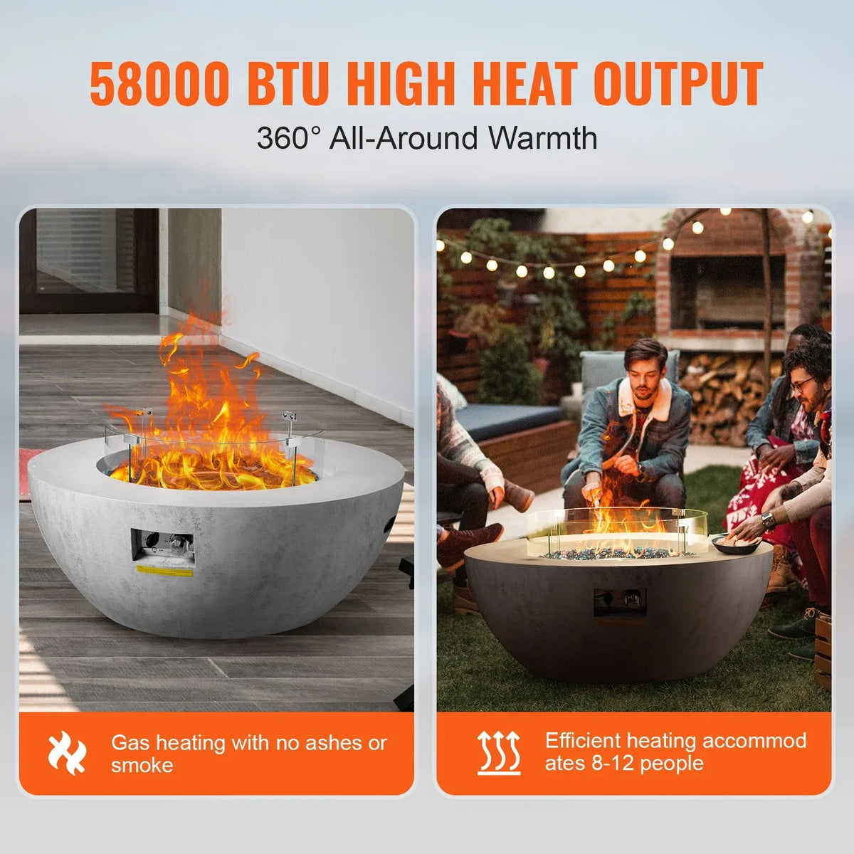 VEVOR Propane Fire Pit, Outdoor Concrete Gas Fire Pit, 39 in Tabletop with Lava Rocks, Lid,Rain Cover,Adjust Flame Height Camping Firepit for Heating, Lighting, 50000 BTU - View 2