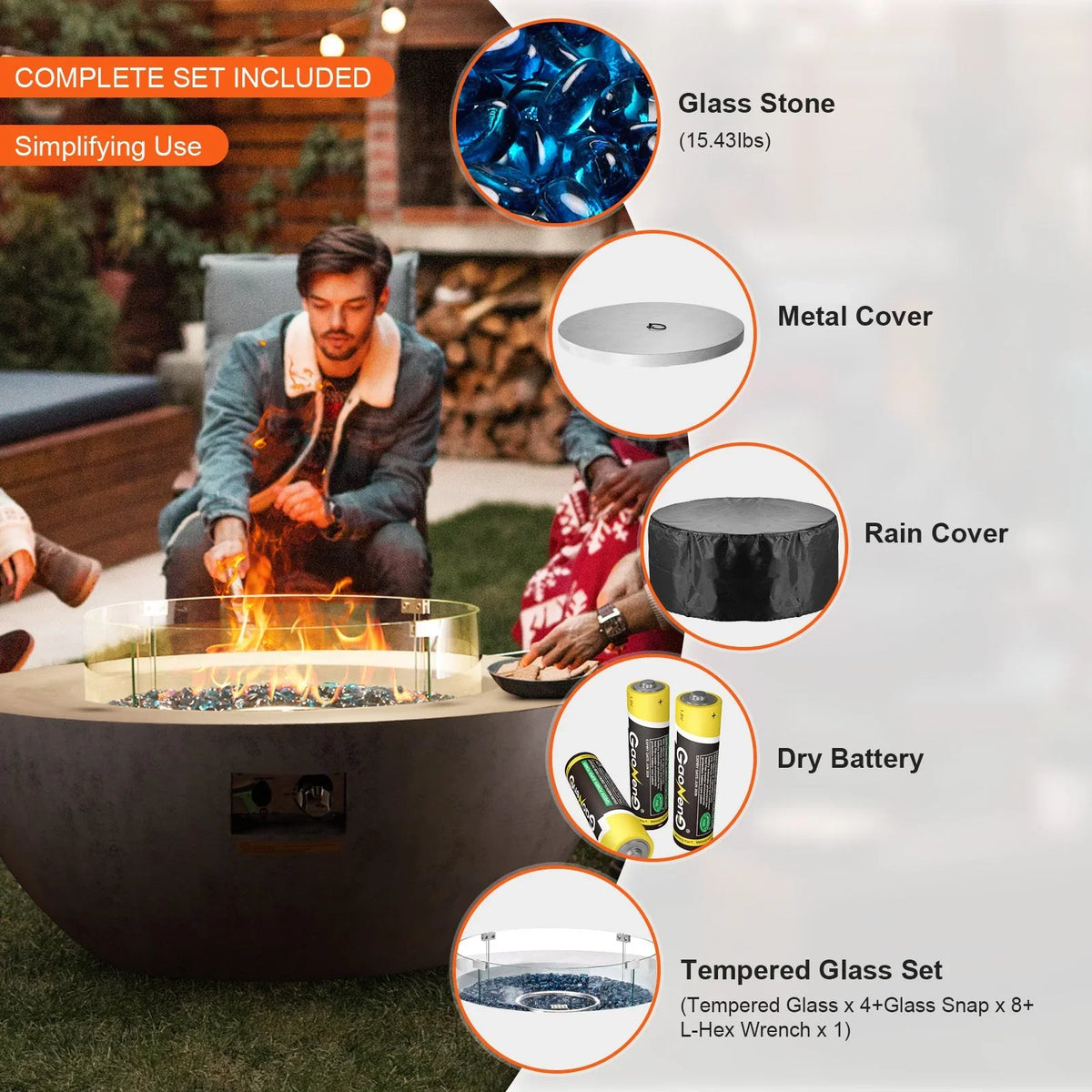 VEVOR Propane Fire Pit, Outdoor Concrete Gas Fire Pit, 39 in Tabletop with Lava Rocks, Lid,Rain Cover,Adjust Flame Height Camping Firepit for Heating, Lighting, 50000 BTU - View 6