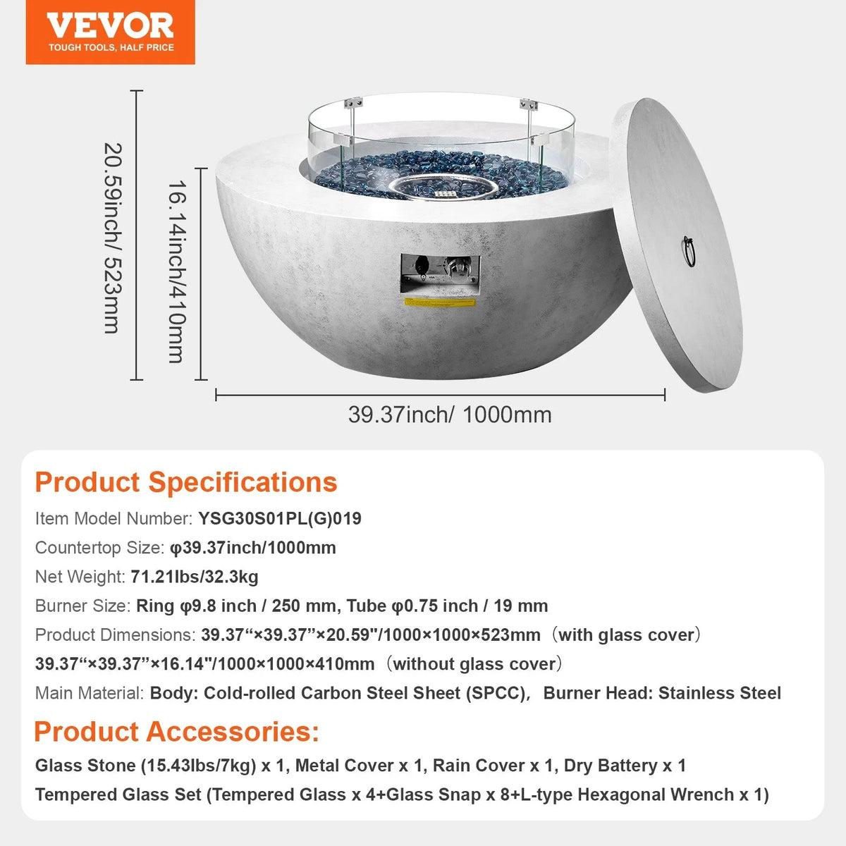 VEVOR Propane Fire Pit, Outdoor Concrete Gas Fire Pit, 39 in Tabletop with Lava Rocks, Lid,Rain Cover,Adjust Flame Height Camping Firepit for Heating, Lighting, 50000 BTU - View 7