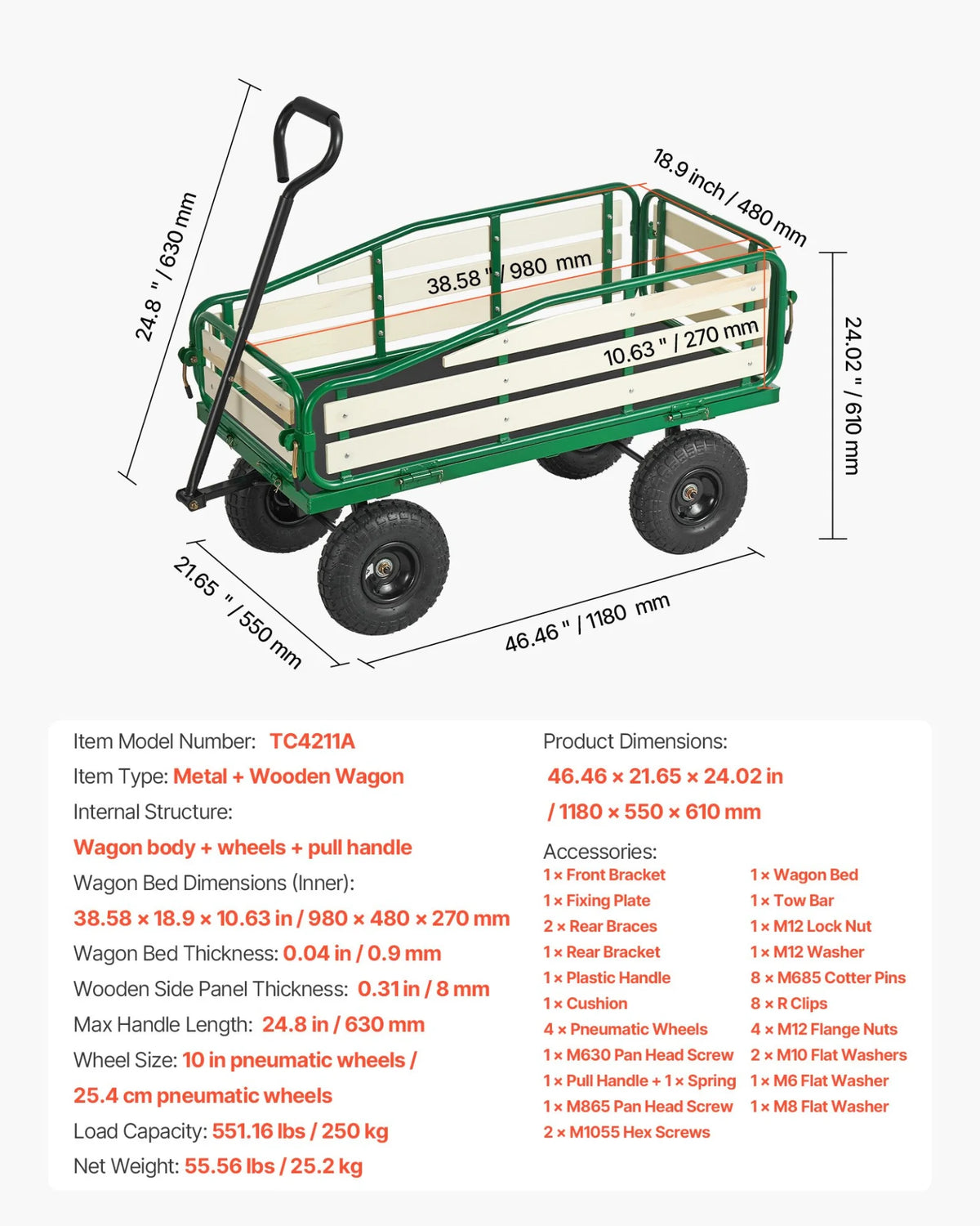 VEVOR Pull-Along Wagon for Kids, 39 in Toddler Wagons with Foldable Wooden Panel & Handle, Supports up to 551 lbs, 10" All-Terrain Tires, Utility Wagon Cart Birthday Present for Kids Gardening Beach - View 6