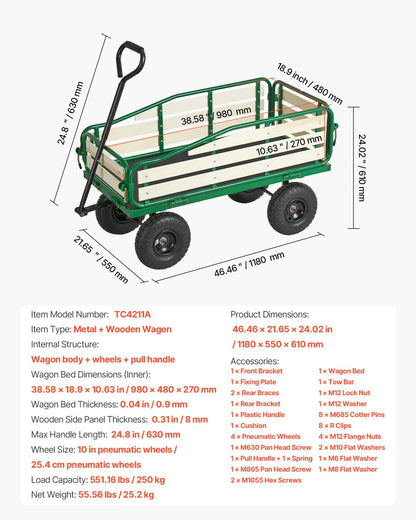 VEVOR Pull-Along Wagon for Kids, 39 in Toddler Wagons with Foldable Wooden Panel & Handle, Supports up to 551 lbs, 10" All-Terrain Tires, Utility Wagon Cart Birthday Present for Kids Gardening Beach - View 6