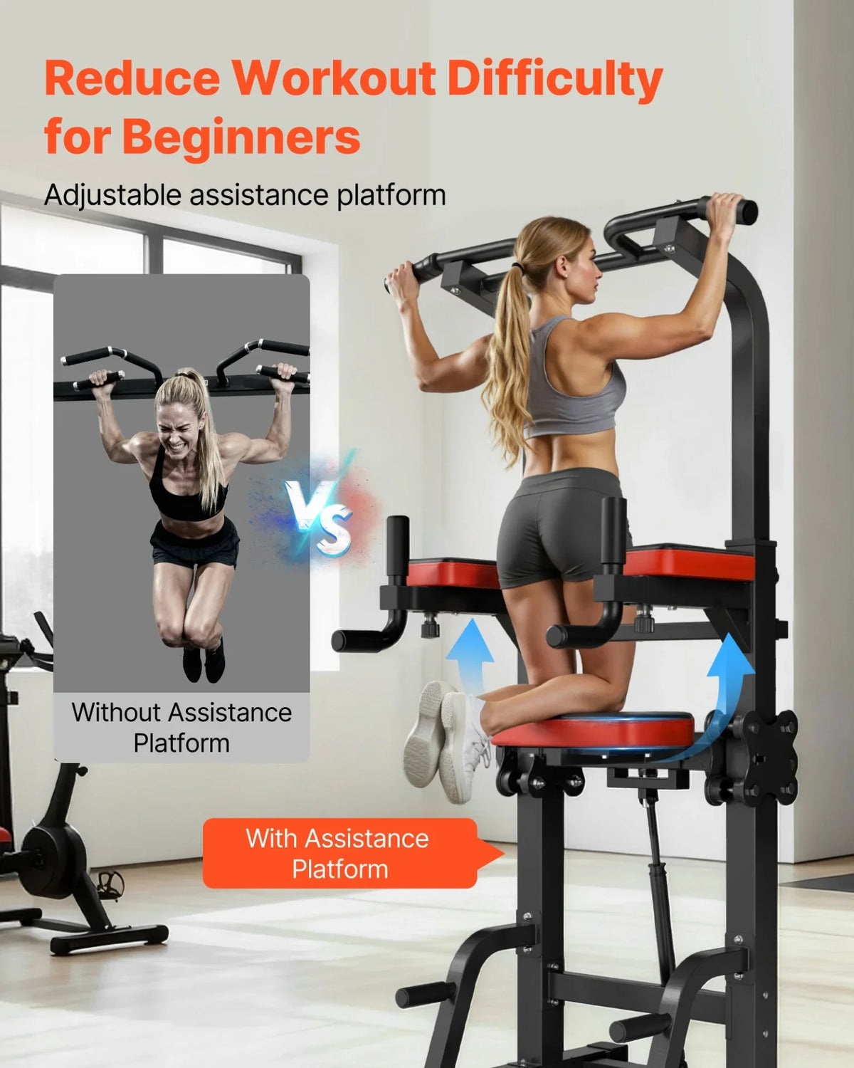 VEVOR Pull Up Bar, 330 LBS Power Tower Dip Station, Workout Dip Station with H-Shaped Stable Base & Assistance Platform, Adjustable 9 Level Height Pullup Stand for Back, 3-Level Adjustable Elbow Pads - View 4