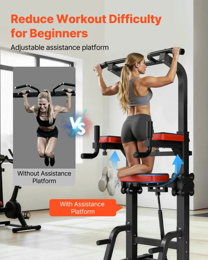 VEVOR Pull Up Bar, 330 LBS Power Tower Dip Station, Workout Dip Station with H-Shaped Stable Base & Assistance Platform, Adjustable 9 Level Height Pullup Stand for Back, 3-Level Adjustable Elbow Pads - View 4