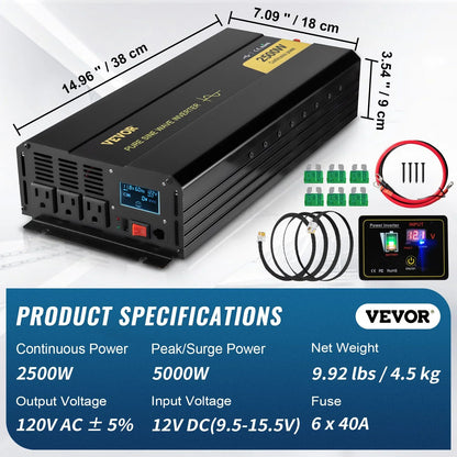 VEVOR Pure Sine Wave Inverter, 2500 Watt Power Inverter, DC 12V to AC 120V Car Inverter, with USB Port, LCD Display, and Remote Controller Power Converter, for RV Truck Car Solar System Travel Camping - View 7
