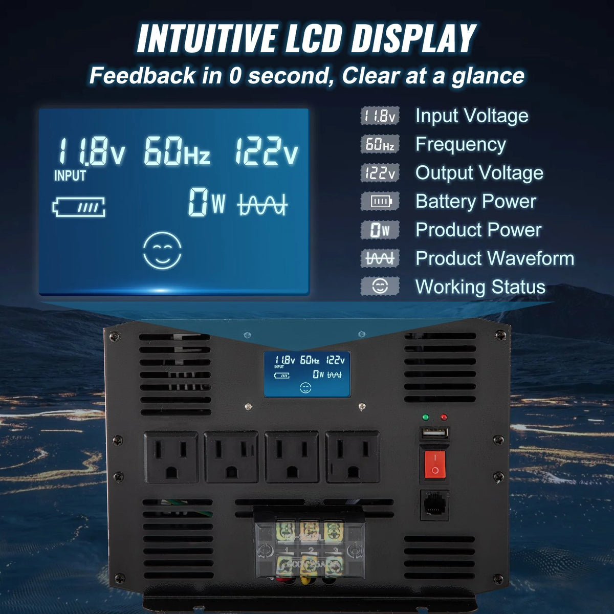 VEVOR Pure Sine Wave Inverter 3500 Watt Power Inverter, DC 12V to AC 120V Car Inverter, with USB Port LCD Display Remote Controller and AC Outlets (GFCI), for RV Truck Car Solar System Travel Camping - View 2
