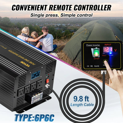 VEVOR Pure Sine Wave Inverter 3500 Watt Power Inverter, DC 12V to AC 120V Car Inverter, with USB Port LCD Display Remote Controller and AC Outlets (GFCI), for RV Truck Car Solar System Travel Camping - View 3