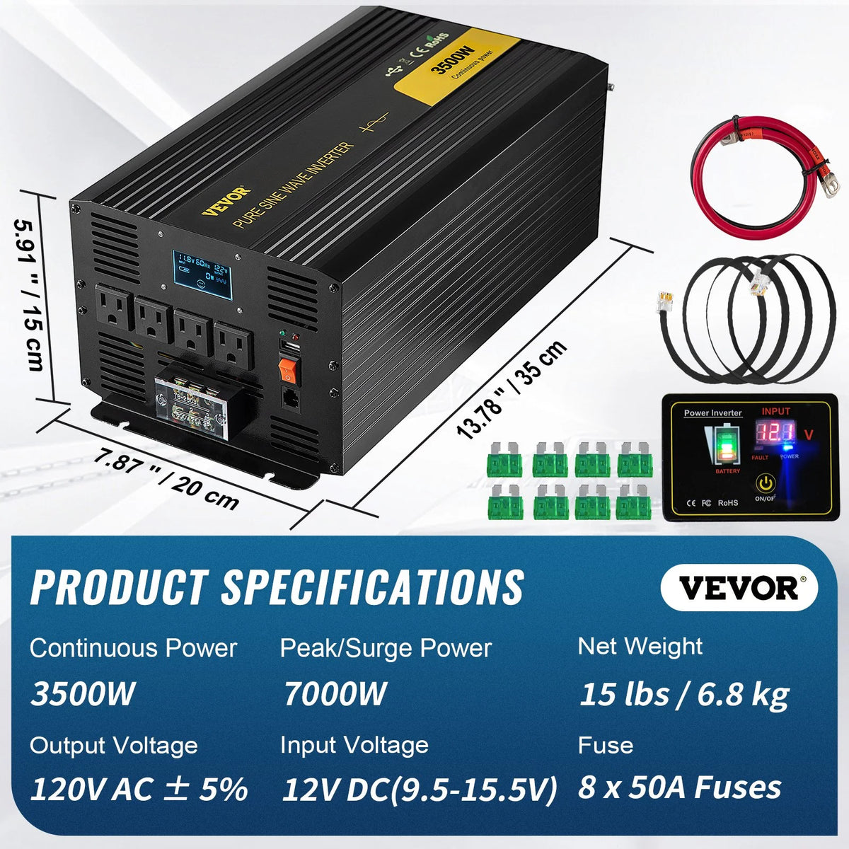 VEVOR Pure Sine Wave Inverter 3500 Watt Power Inverter, DC 12V to AC 120V Car Inverter, with USB Port LCD Display Remote Controller and AC Outlets (GFCI), for RV Truck Car Solar System Travel Camping - View 6