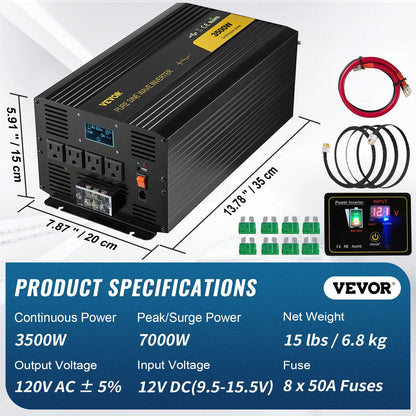 VEVOR Pure Sine Wave Inverter 3500 Watt Power Inverter, DC 12V to AC 120V Car Inverter, with USB Port LCD Display Remote Controller and AC Outlets (GFCI), for RV Truck Car Solar System Travel Camping - View 6