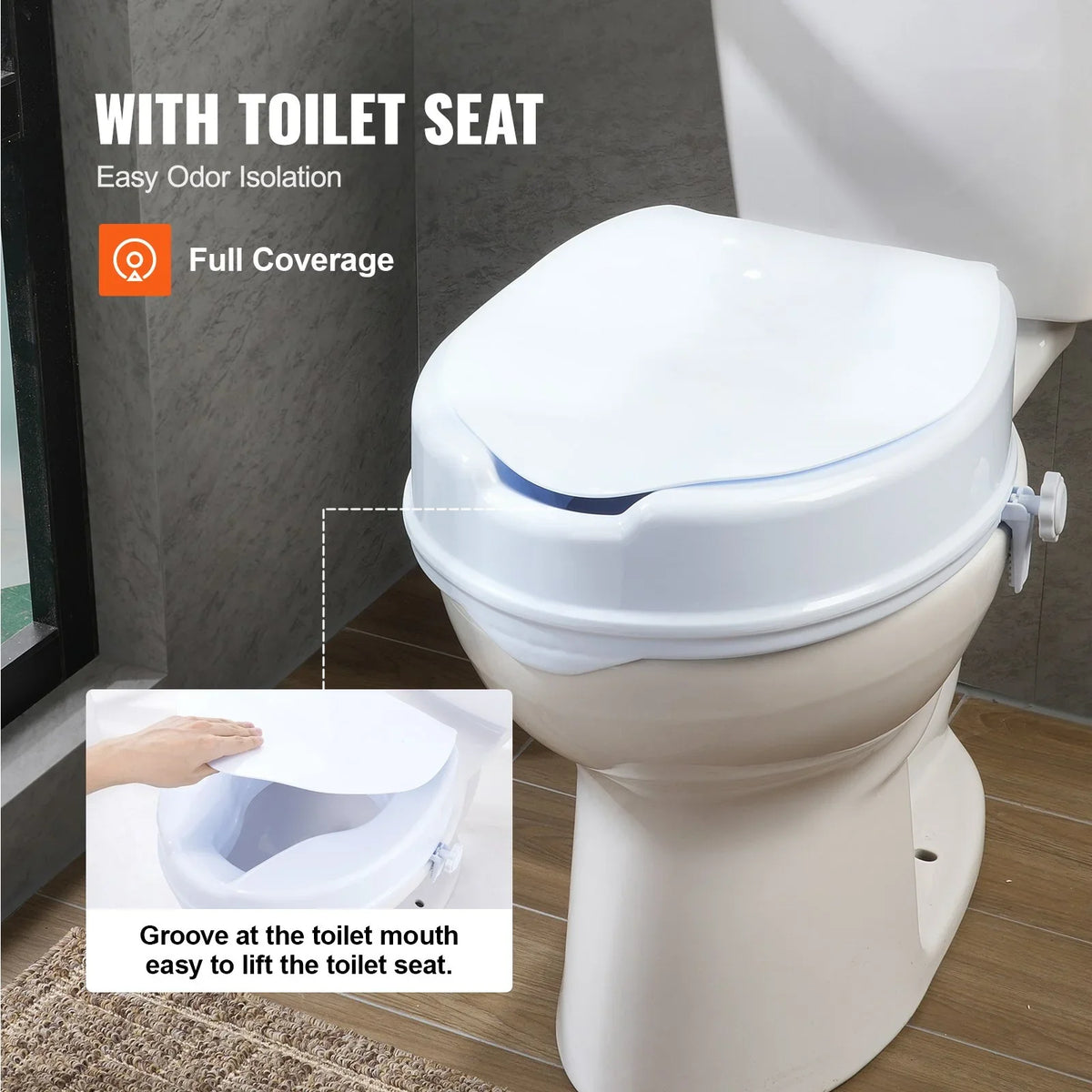 VEVOR Raised Toilet Seat, 4" Height Raised, 300 lbs Weight Capacity, Universal Toilet Seat Riser, Screw Rod Locking, with Toilet Seat, for Elderly, Handicap, Patient, Pregnant, Medical - View 6