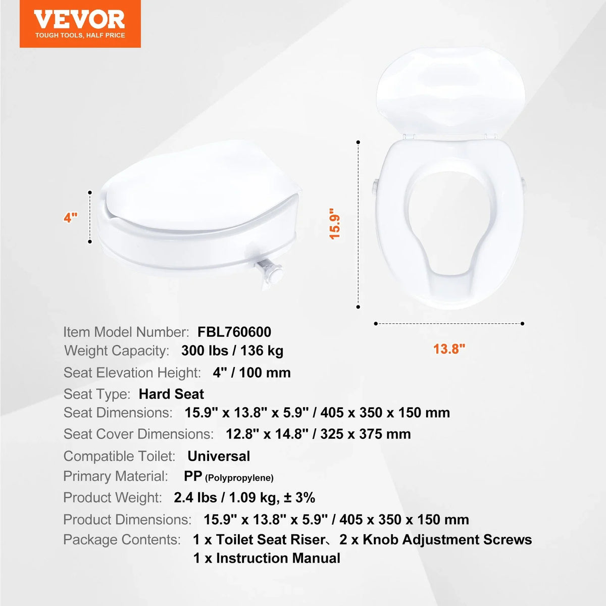 VEVOR Raised Toilet Seat, 4" Height Raised, 300 lbs Weight Capacity, Universal Toilet Seat Riser, Screw Rod Locking, with Toilet Seat, for Elderly, Handicap, Patient, Pregnant, Medical - View 7