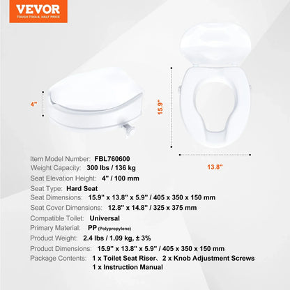 VEVOR Raised Toilet Seat, 4" Height Raised, 300 lbs Weight Capacity, Universal Toilet Seat Riser, Screw Rod Locking, with Toilet Seat, for Elderly, Handicap, Patient, Pregnant, Medical - View 7