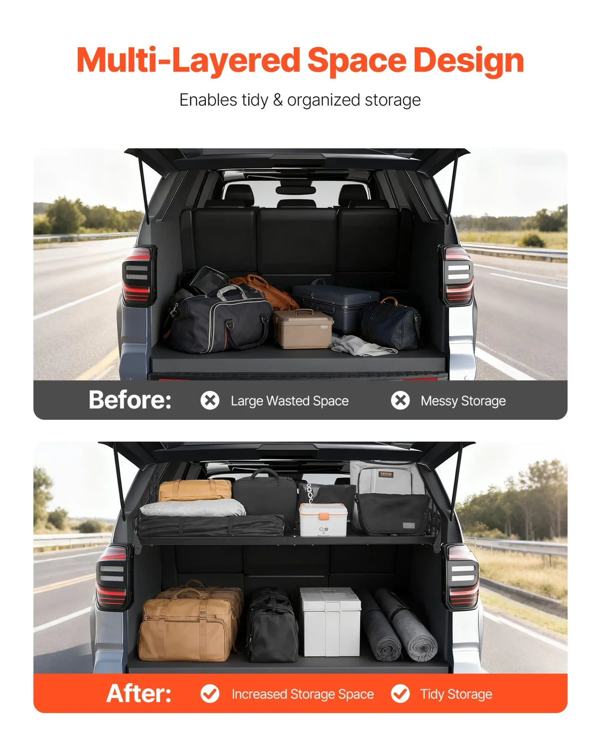 VEVOR Rear Trunk Cargo Rack, for 2010-2024 Toyota 4Runner, 220 lbs Capacity, Aluminum Alloy Basket Tray Interior Storage Luggage Carrier, Adjustable Height Shelf Stand Organizer for Camping Trip Gear - View 3