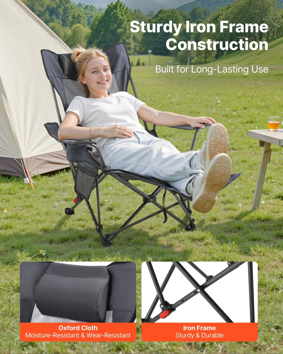 VEVOR Reclining Camping Chair, 4 Adjustable Positions, Portable Folding Lounger for Adults, Mesh Beach Chair with Headrest & Foot Rest, Supports 220 lbs, Heavy Duty Camp Chairs for Patio, Gray - View 2