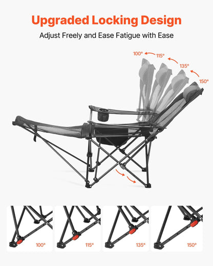 VEVOR Reclining Camping Chair, 4 Adjustable Positions, Portable Folding Lounger for Adults, Mesh Beach Chair with Headrest & Foot Rest, Supports 220 lbs, Heavy Duty Camp Chairs for Patio, Gray - View 3