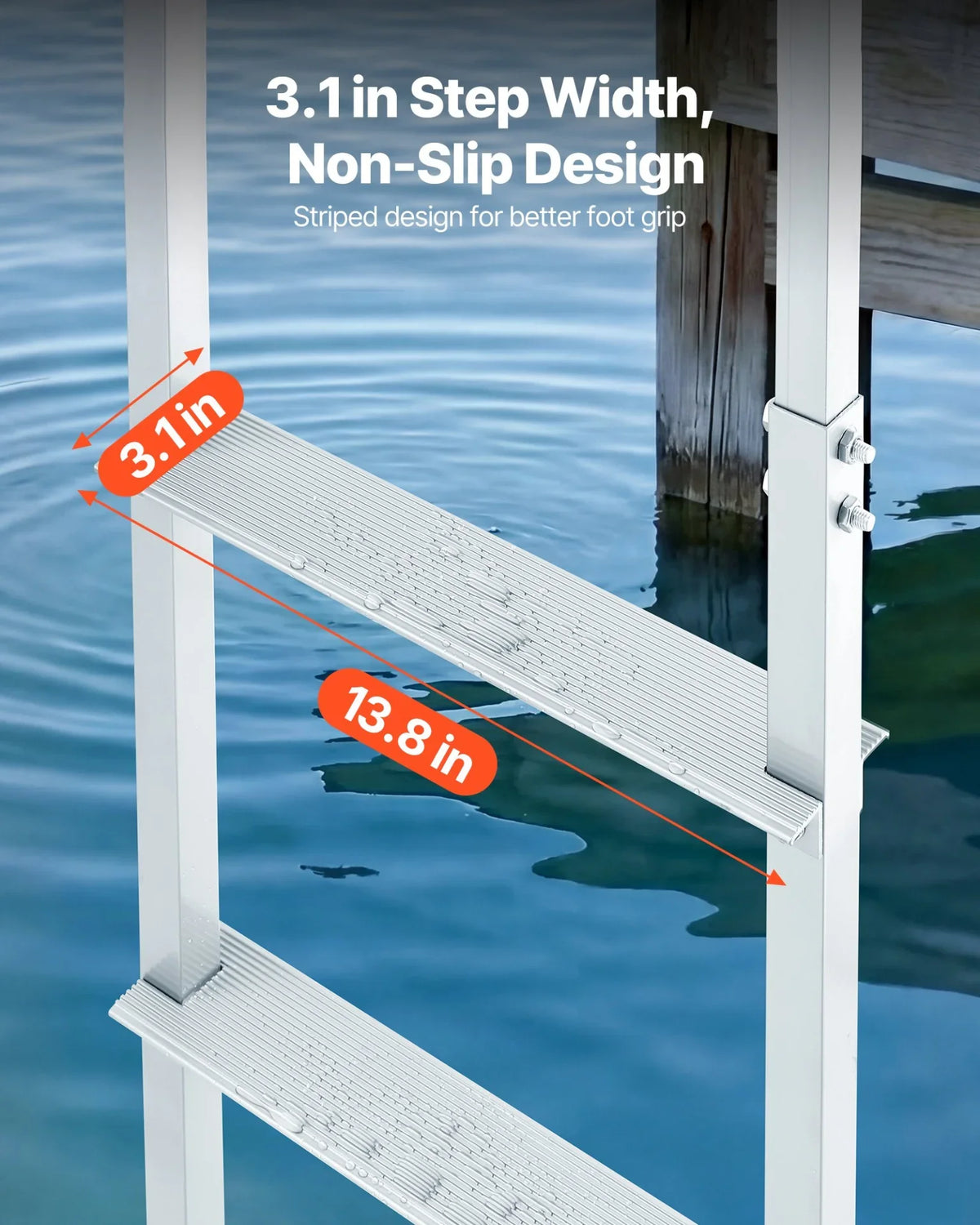 VEVOR Removable Dock Ladder, 4 Steps, Aluminum Alloy Pontoon Boat Swim Ladder, with Non-Slip Wide Steps, 500 lbs Weight Capacity, Quick Release Design, for Lake Swimming, Pool, Boat, Marine Boarding - View 3