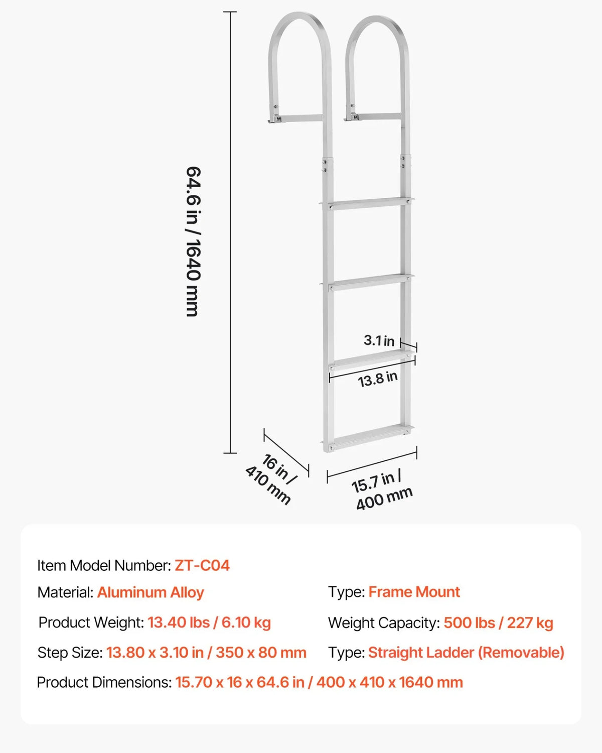 VEVOR Removable Dock Ladder, 4 Steps, Aluminum Alloy Pontoon Boat Swim Ladder, with Non-Slip Wide Steps, 500 lbs Weight Capacity, Quick Release Design, for Lake Swimming, Pool, Boat, Marine Boarding - View 6