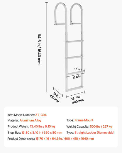 VEVOR Removable Dock Ladder, 4 Steps, Aluminum Alloy Pontoon Boat Swim Ladder, with Non-Slip Wide Steps, 500 lbs Weight Capacity, Quick Release Design, for Lake Swimming, Pool, Boat, Marine Boarding - View 6