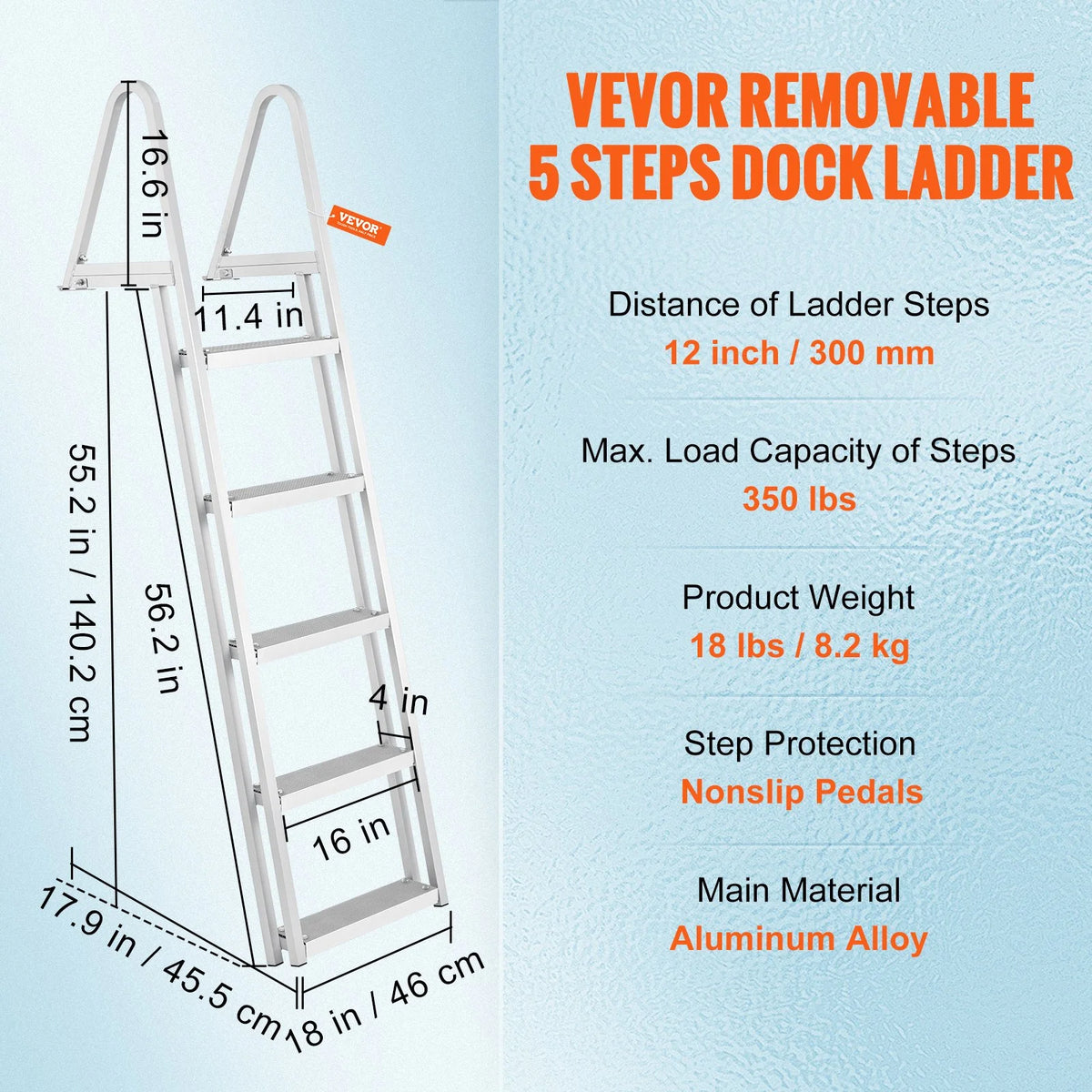 VEVOR Removable Dock Ladder 5 Steps, 350 lbs Load Capacity, Pontoon Boat Ladder with 4'' Wide Step & Nonslip Design for Ship/Lake/Pool/Marine Boarding - View 6