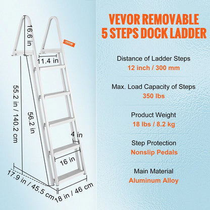 VEVOR Removable Dock Ladder 5 Steps, 350 lbs Load Capacity, Pontoon Boat Ladder with 4'' Wide Step & Nonslip Design for Ship/Lake/Pool/Marine Boarding - View 6