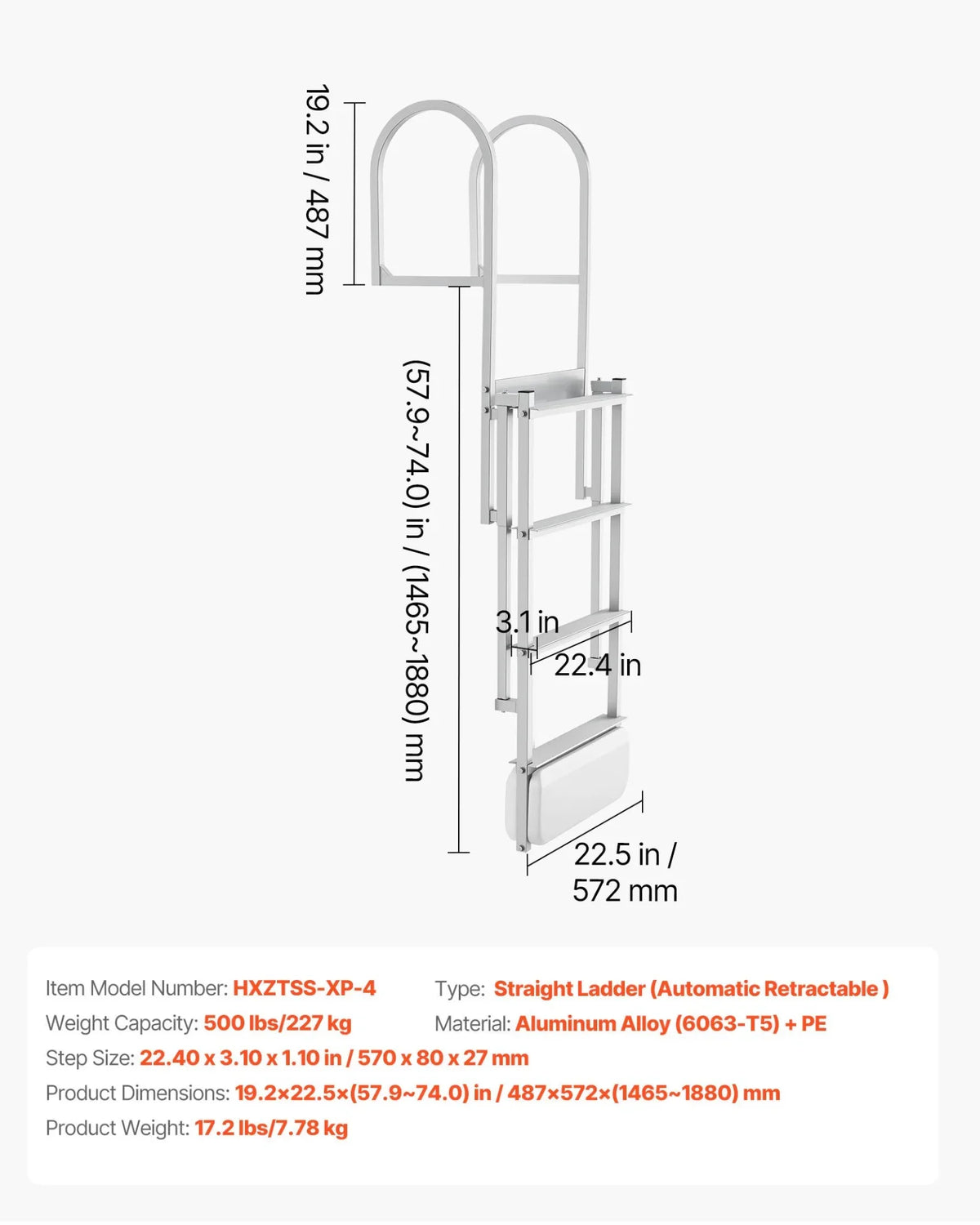VEVOR Retractable Dock Ladder, 4 Steps, Aluminum Alloy Pontoon Boat Swim Ladder with Auto-Lift Float, Non-Slip Wide Steps, 500 lbs Weight Capacity, Adjustable Height, for Lake Pool Marine Boarding - View 6