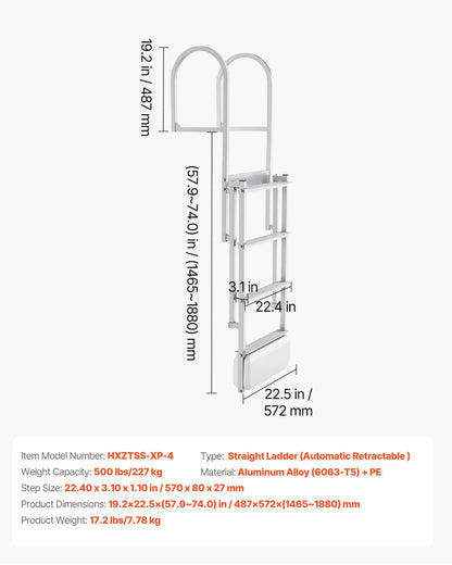 VEVOR Retractable Dock Ladder, 4 Steps, Aluminum Alloy Pontoon Boat Swim Ladder with Auto-Lift Float, Non-Slip Wide Steps, 500 lbs Weight Capacity, Adjustable Height, for Lake Pool Marine Boarding - View 6
