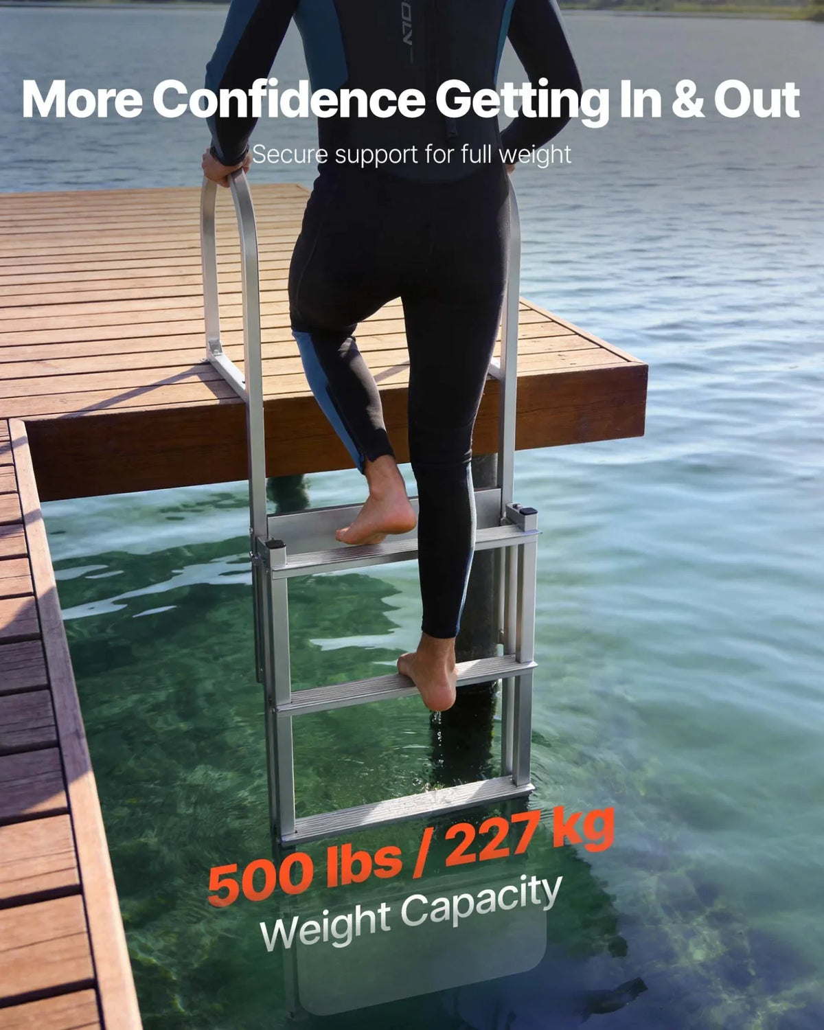 VEVOR Retractable Dock Ladder, 4 Steps, Aluminum Alloy Pontoon Boat Swim Ladder with Auto-Lift Float, Non-Slip Wide Steps, 500 lbs Weight Capacity, Adjustable Height, for Lake Pool Marine Boarding