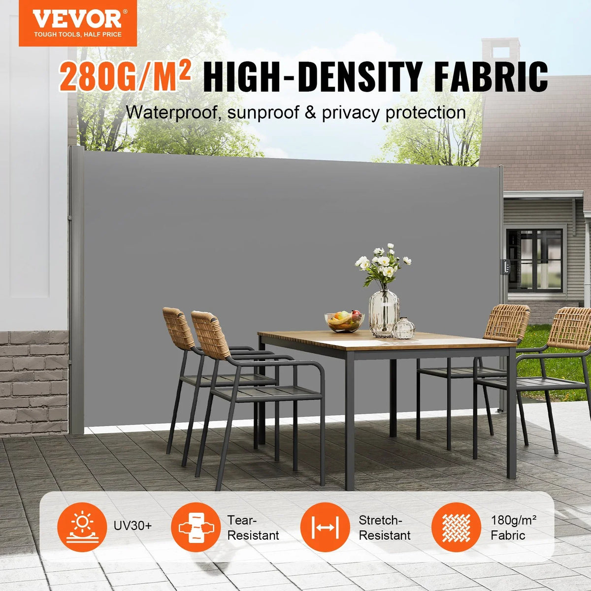 VEVOR Retractable Side Awning, 63''x 118'' Aluminum Outdoor Privacy Screen, 280g Polyester Water-proof Retractable Patio Screen, UV 30+ Room Divider Wind Screen for Patio, Backyard, Balcony, Gray - View 11