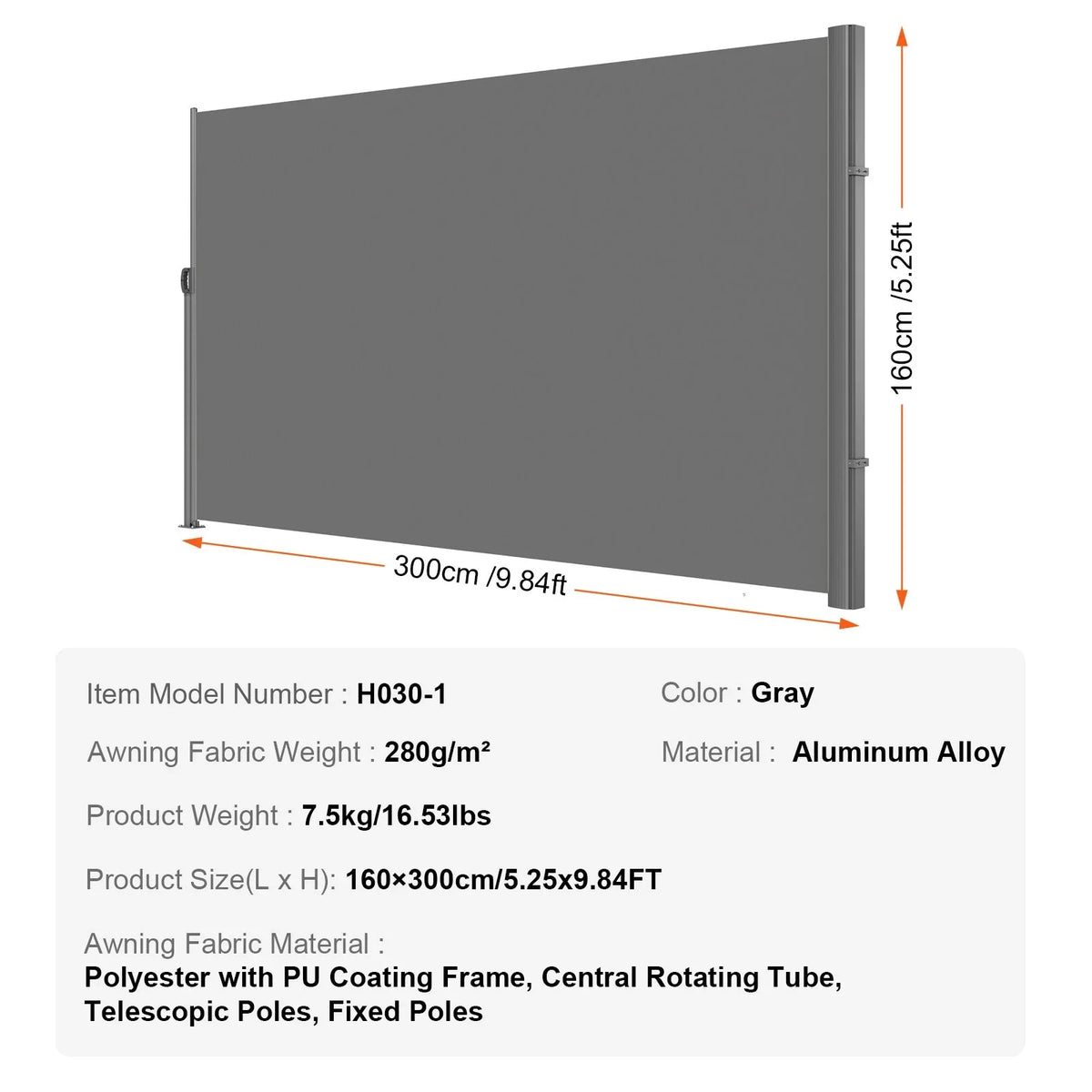 VEVOR Retractable Side Awning, 63''x 118'' Aluminum Outdoor Privacy Screen, 280g Polyester Water-proof Retractable Patio Screen, UV 30+ Room Divider Wind Screen for Patio, Backyard, Balcony, Gray - View 16