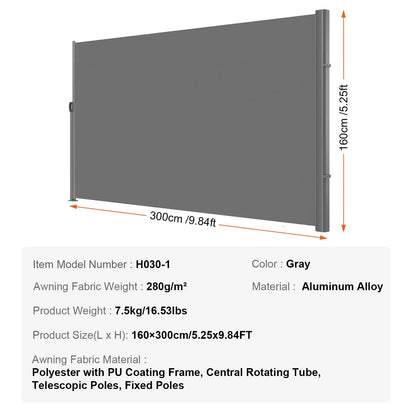 VEVOR Retractable Side Awning, 63''x 118'' Aluminum Outdoor Privacy Screen, 280g Polyester Water-proof Retractable Patio Screen, UV 30+ Room Divider Wind Screen for Patio, Backyard, Balcony, Gray - View 16