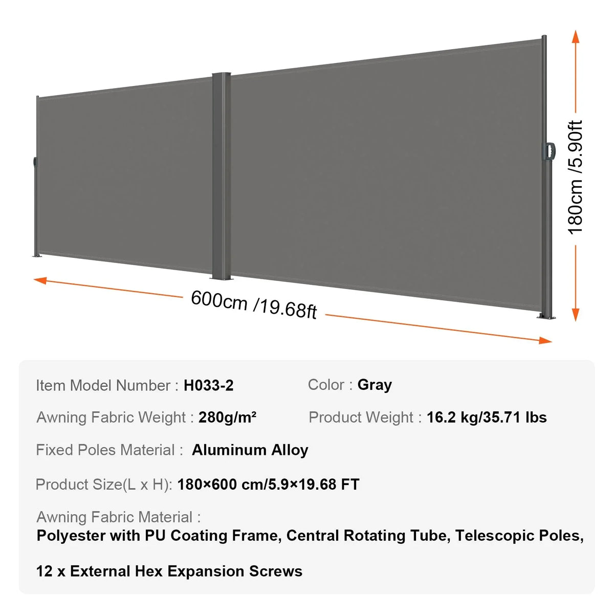 VEVOR Retractable Side Awning, 71''x 236'' Aluminum Outdoor Privacy Screen, 280g Polyester Water-proof Retractable Patio Screen, UV 30+ Room Divider Wind Screen for Patio, Backyard, Balcony, Gray - View 16