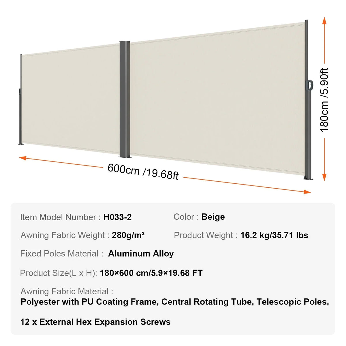VEVOR Retractable Side Awning, 71''x 236'' Aluminum Outdoor Privacy Screen, 280g Polyester Water-proof Retractable Patio Screen, UV 30+ Room Divider Wind Screen for Patio, Backyard, Balcony, Beige - View 16