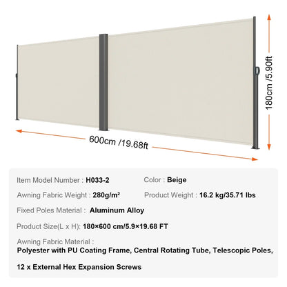 VEVOR Retractable Side Awning, 71''x 236'' Aluminum Outdoor Privacy Screen, 280g Polyester Water-proof Retractable Patio Screen, UV 30+ Room Divider Wind Screen for Patio, Backyard, Balcony, Beige - View 16