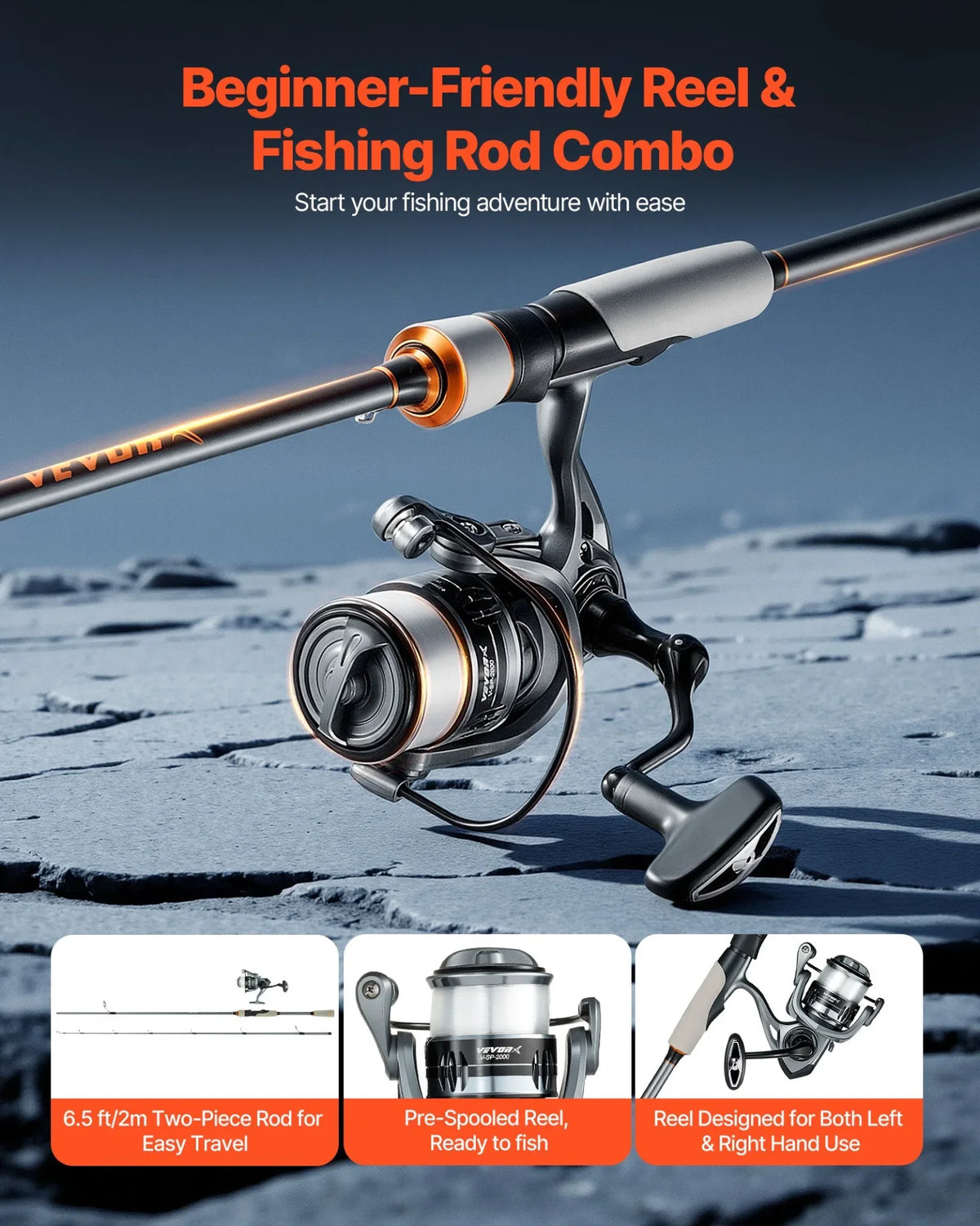 VEVOR Rod and Fishing Reel Combo, IM6 Fiberglass & Carbon Fiber Spinning Rod and Reel Combo, Bass Fishing Pole with 6.5 ft Two-Piece Rods, 6+1 Ball Bearings, Stainless Steel Guides with Ceramic Rings