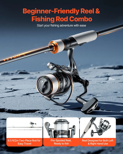 VEVOR Rod and Fishing Reel Combo, IM6 Fiberglass & Carbon Fiber Spinning Rod and Reel Combo, Bass Fishing Pole with 6.5 ft Two-Piece Rods, 6+1 Ball Bearings, Stainless Steel Guides with Ceramic Rings