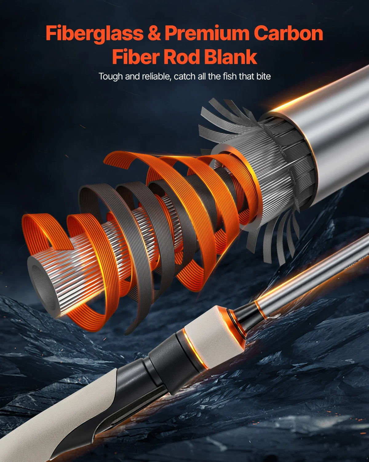 VEVOR Rod and Fishing Reel Combo, IM6 Fiberglass & Carbon Fiber Spinning Rod and Reel Combo, Bass Fishing Pole with 6.5 ft Two-Piece Rods, 6+1 Ball Bearings, Stainless Steel Guides with Ceramic Rings - View 2