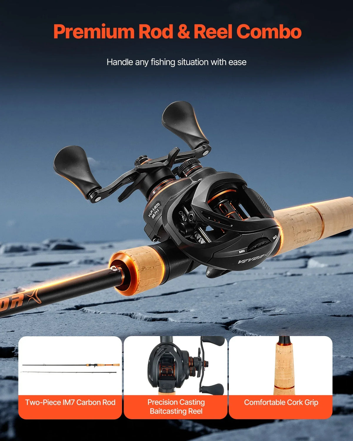 VEVOR Rod and Fishing Reel Combo, IM7 Carbon Fiber Baitcasting Rod and Reel Combo, Bass Fishing Pole with 7+1 BB System, 7.0:1 Gear Ratio, Cork Handle, Stainless Steel Guides with Ceramic Rings