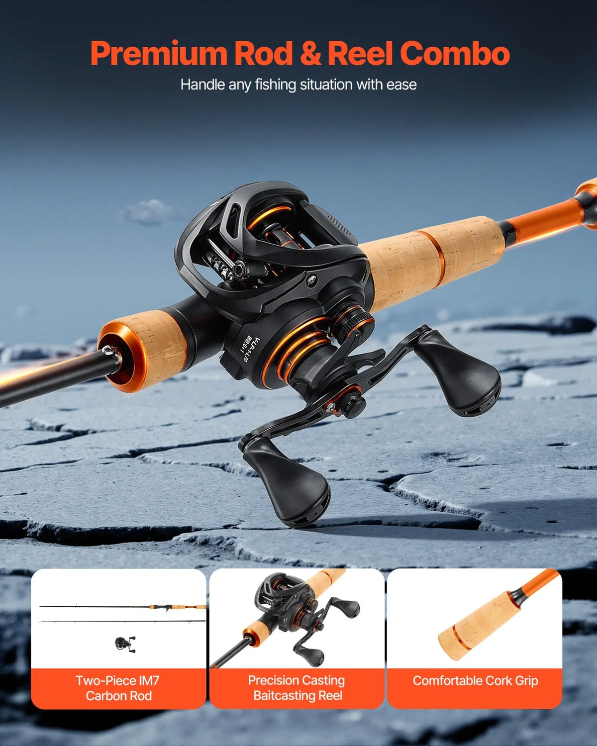VEVOR Rod and Fishing Reel Combo, IM7 Carbon Fiber Baitcasting Rod and Reel Combo, Bass Fishing Pole with 6+1 BB System, 7.0:1 Gear Ratio, Cork Handle, Stainless Steel Guides with Ceramic Rings - View 2