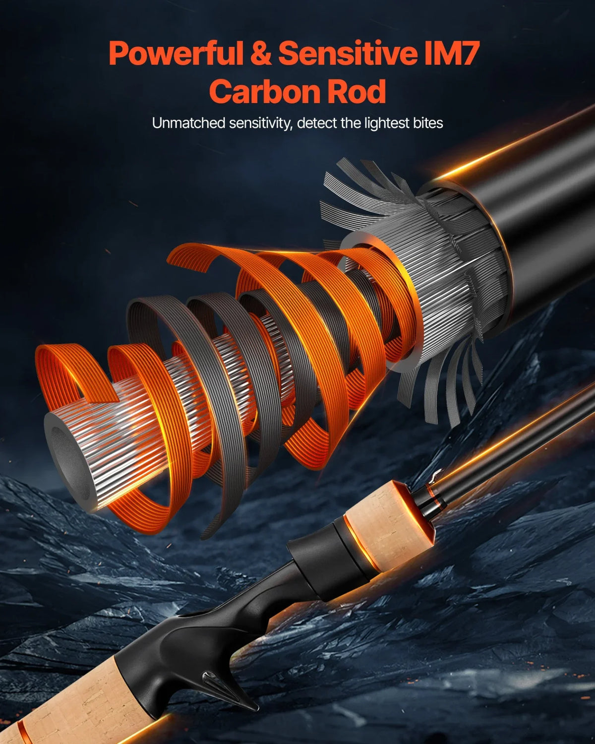 VEVOR Rod and Fishing Reel Combo, IM7 Carbon Fiber Baitcasting Rod and Reel Combo, Bass Fishing Pole with 6+1 BB System, 7.0:1 Gear Ratio, Cork Handle, Stainless Steel Guides with Ceramic Rings - View 3