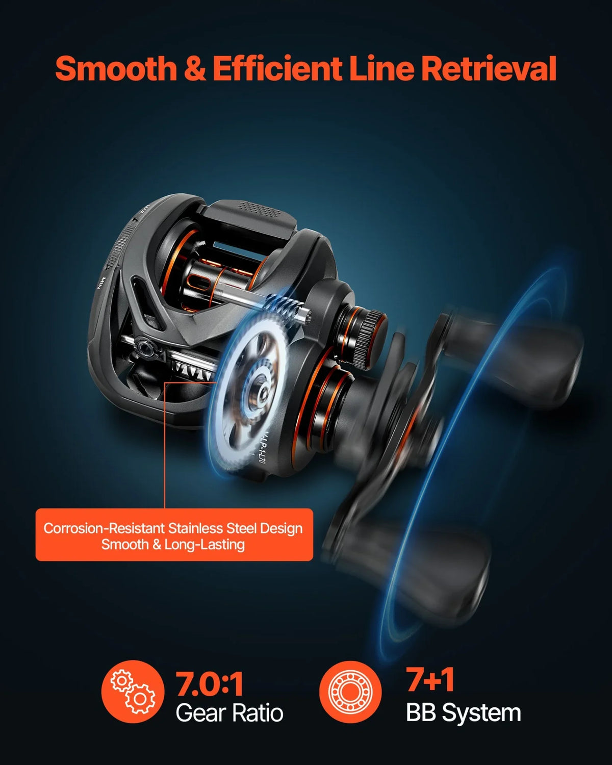 VEVOR Rod and Fishing Reel Combo, IM7 Carbon Fiber Baitcasting Rod and Reel Combo, Bass Fishing Pole with 7+1 BB System, 7.0:1 Gear Ratio, Cork Handle, Stainless Steel Guides with Ceramic Rings - View 4